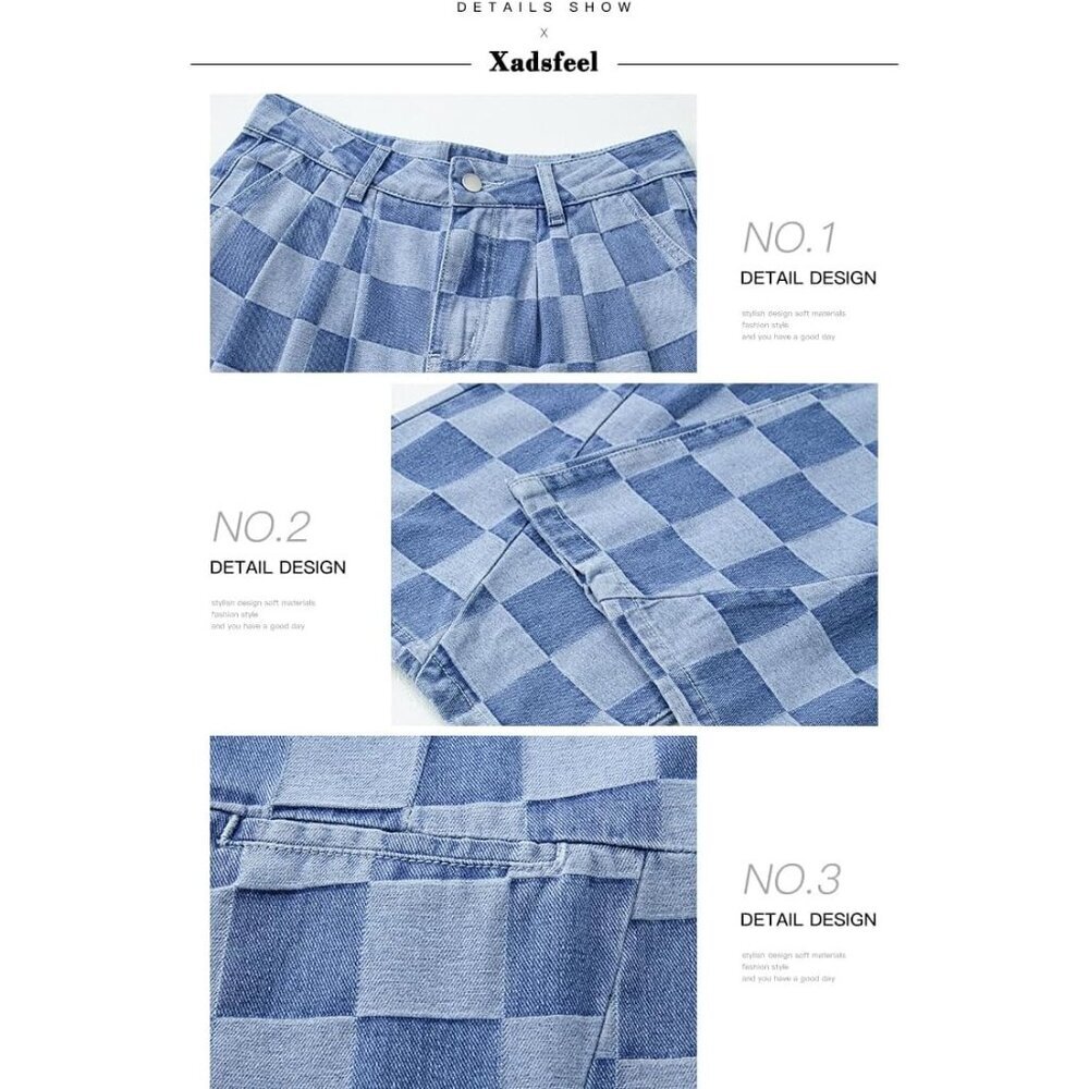 Womens Patterned Wide Leg Jeans High Waist Cotton Blend Casual Pants - Picture 5 of 8